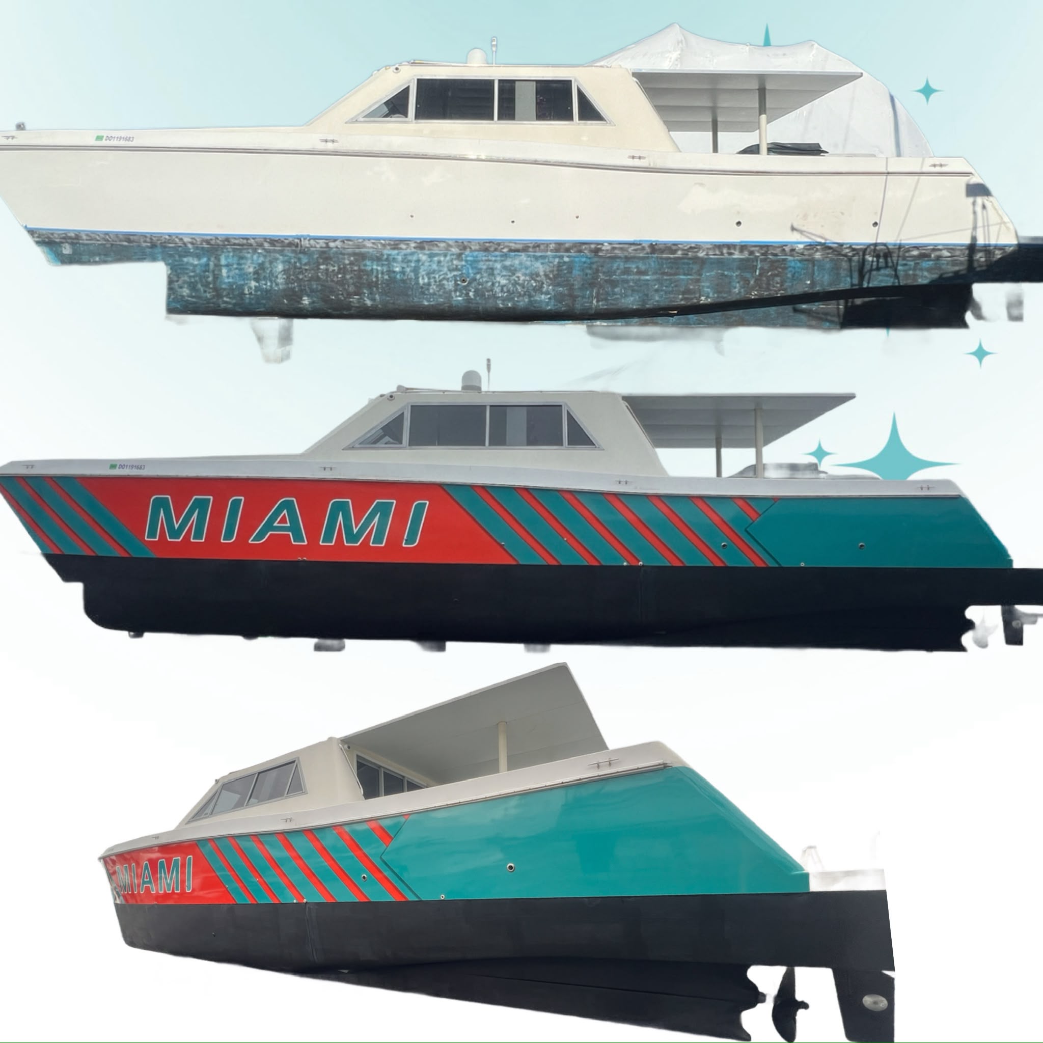 Commercial passenger charter boat before and after custom Miami teal and coral racing stripe vinyl wrap installation