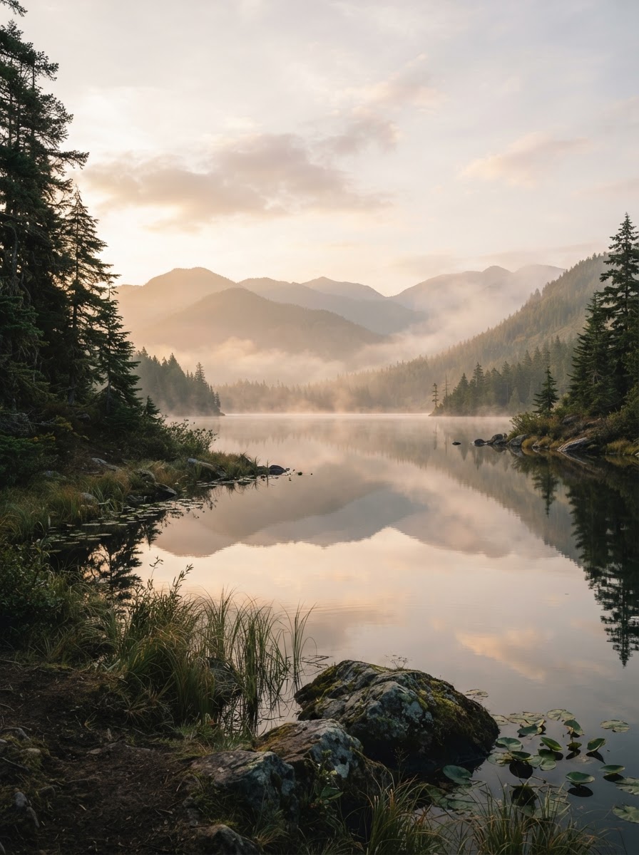 Peaceful serene lake sunrise with mist and soft morning light