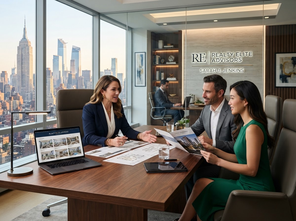 Real estate specialist conferring with prospective clients