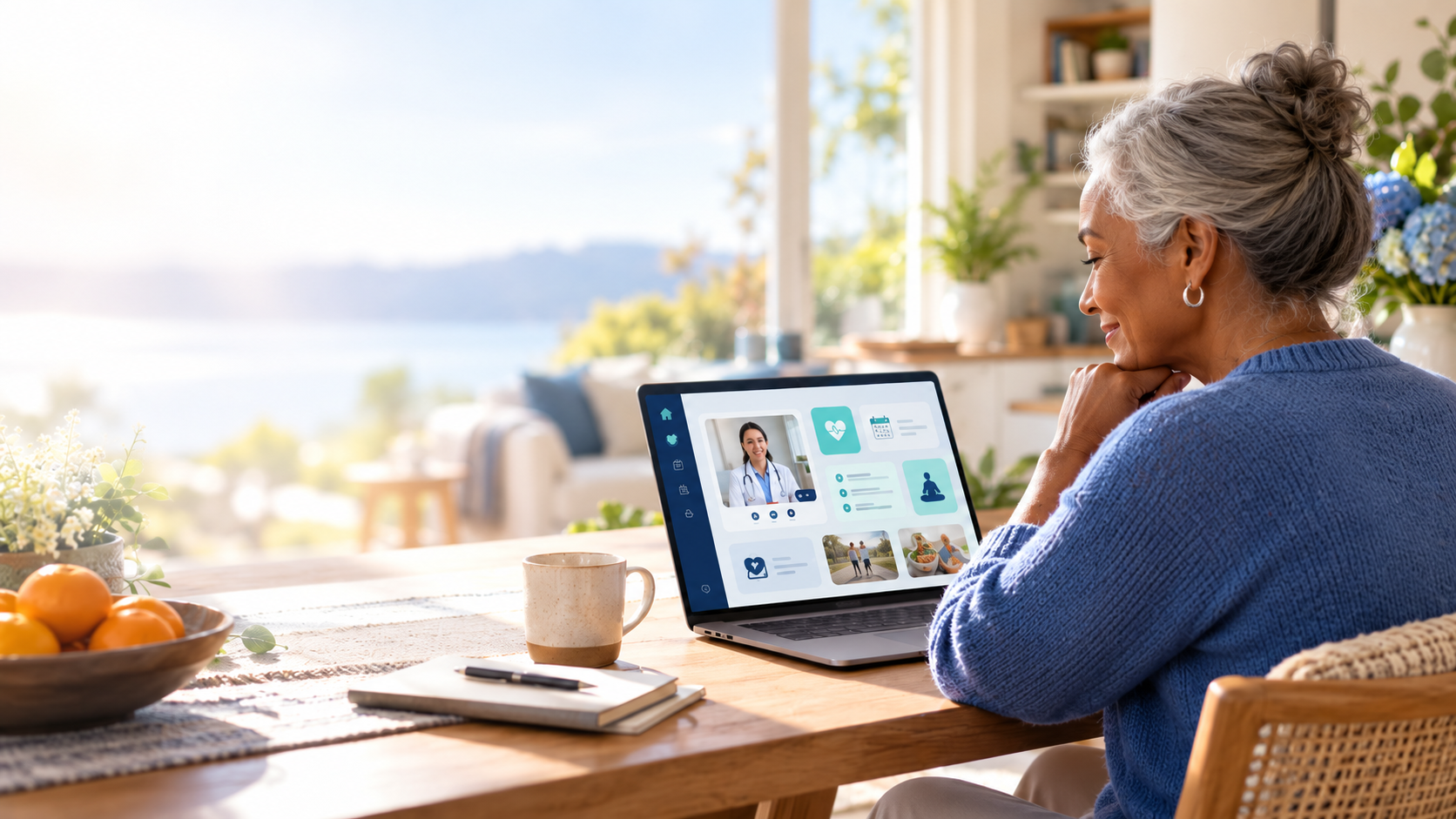 Member smiling while connecting with healthcare coach on laptop at home