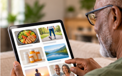 Member browsing simple health videos, articles, and tools on a tablet