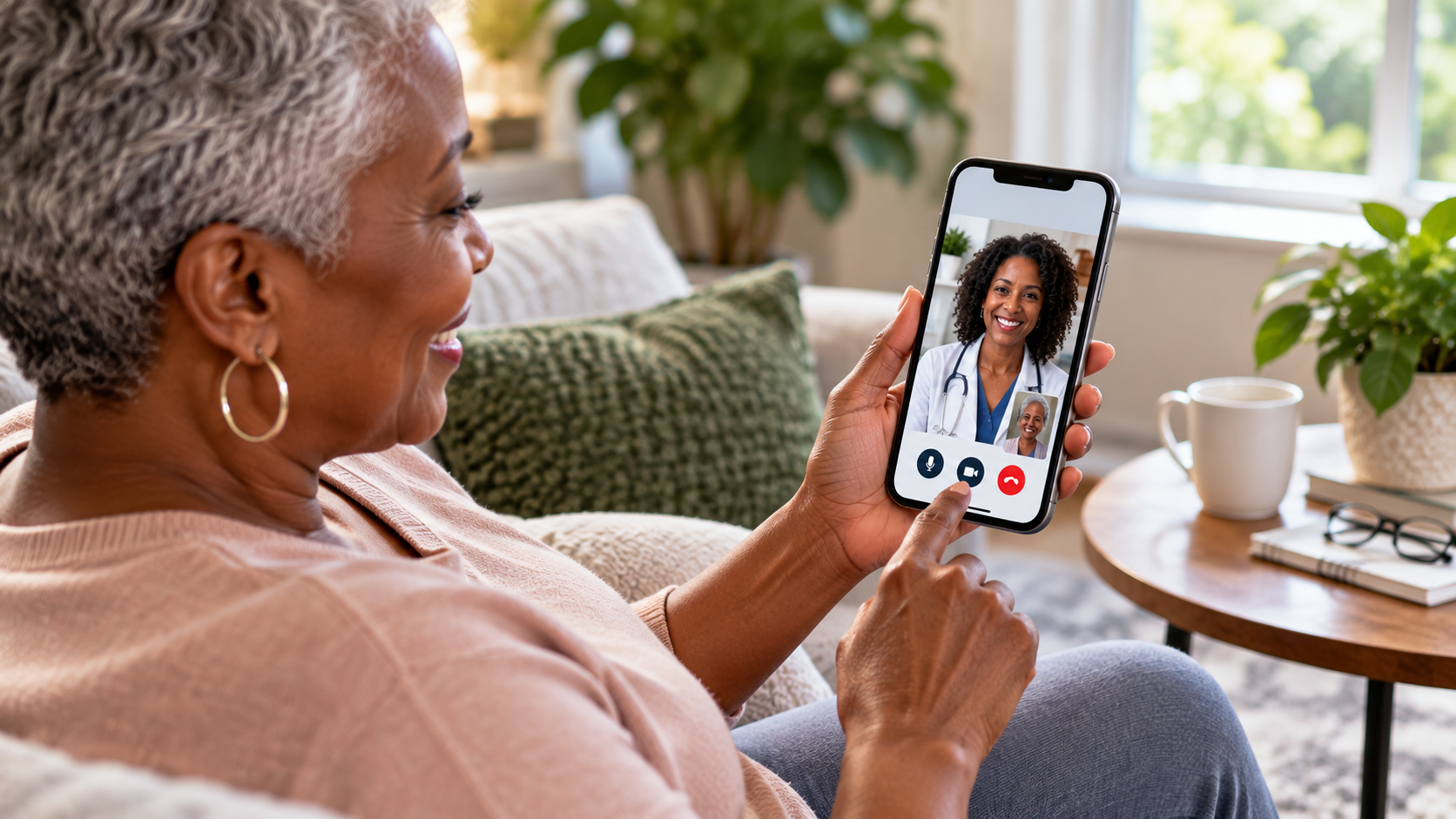 Member having a telehealth call with her health coach