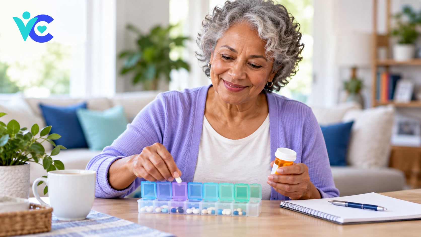 Member organizing weekly medicine dispenser and prescription