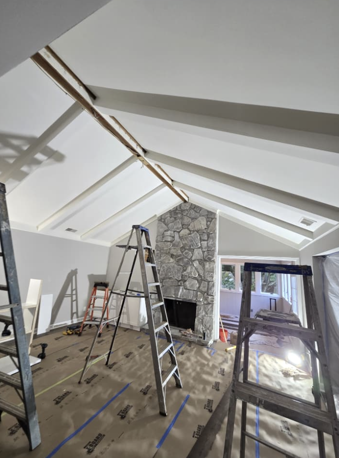 Cathedral ceiling drywall prep and custom beam woodwork by Quality Painting & Home Repairs in Rome GA