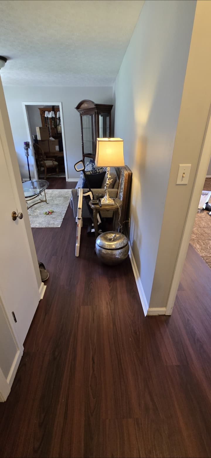 Finished dark hardwood plank flooring and crisp white baseboard trim in Cartersville GA