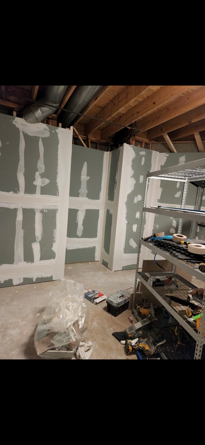 Finished basement drywall installation, corner taping, and mudding by Quality Painting & Home Repairs in Dallas GA