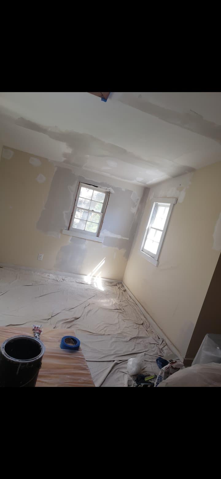 Ceiling and wall drywall patching, window casing repair, and interior paint preparation in Hiram GA