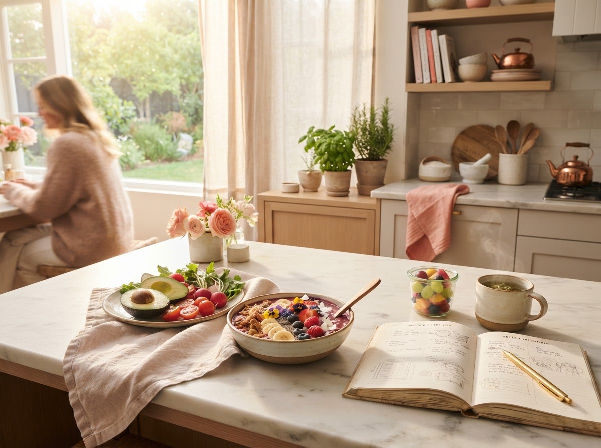 Fresh, nourishing whole foods on a sunlit kitchen counter — holistic nutrition coaching