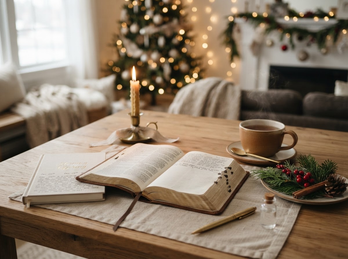 An open Bible and devotional journal on a quiet Christmas morning table with a lit candle, evergreen, and warm Christmas lights