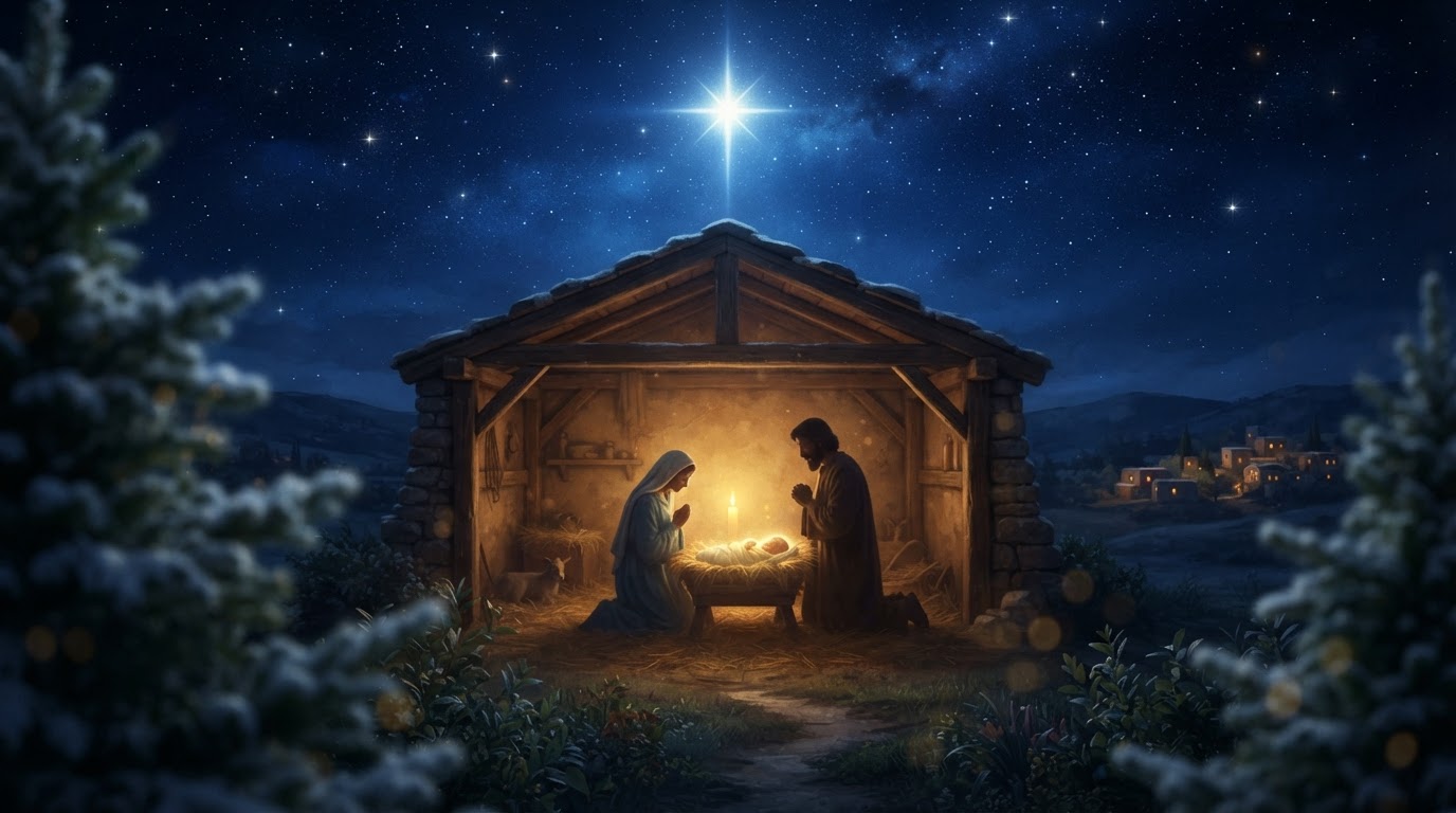 A luminous manger beneath the Bethlehem star on Christmas night