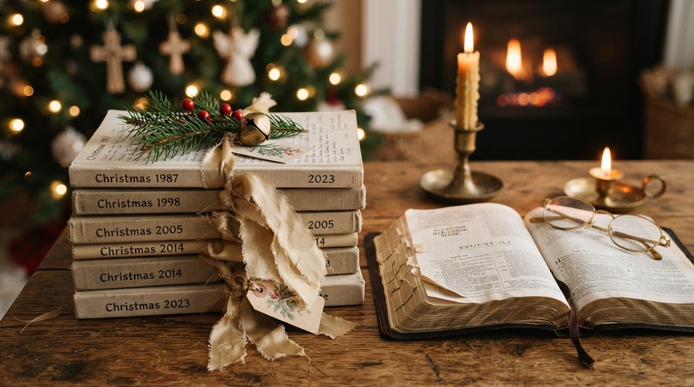 Stacked Christmas devotional journals from different years on a warm wooden table with champagne ribbon, evergreen, and an open Bible