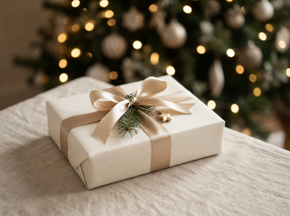 The 30-Day Journey wrapped as a Christmas gift in cream paper with champagne-gold ribbon, evergreen, and a small gold star