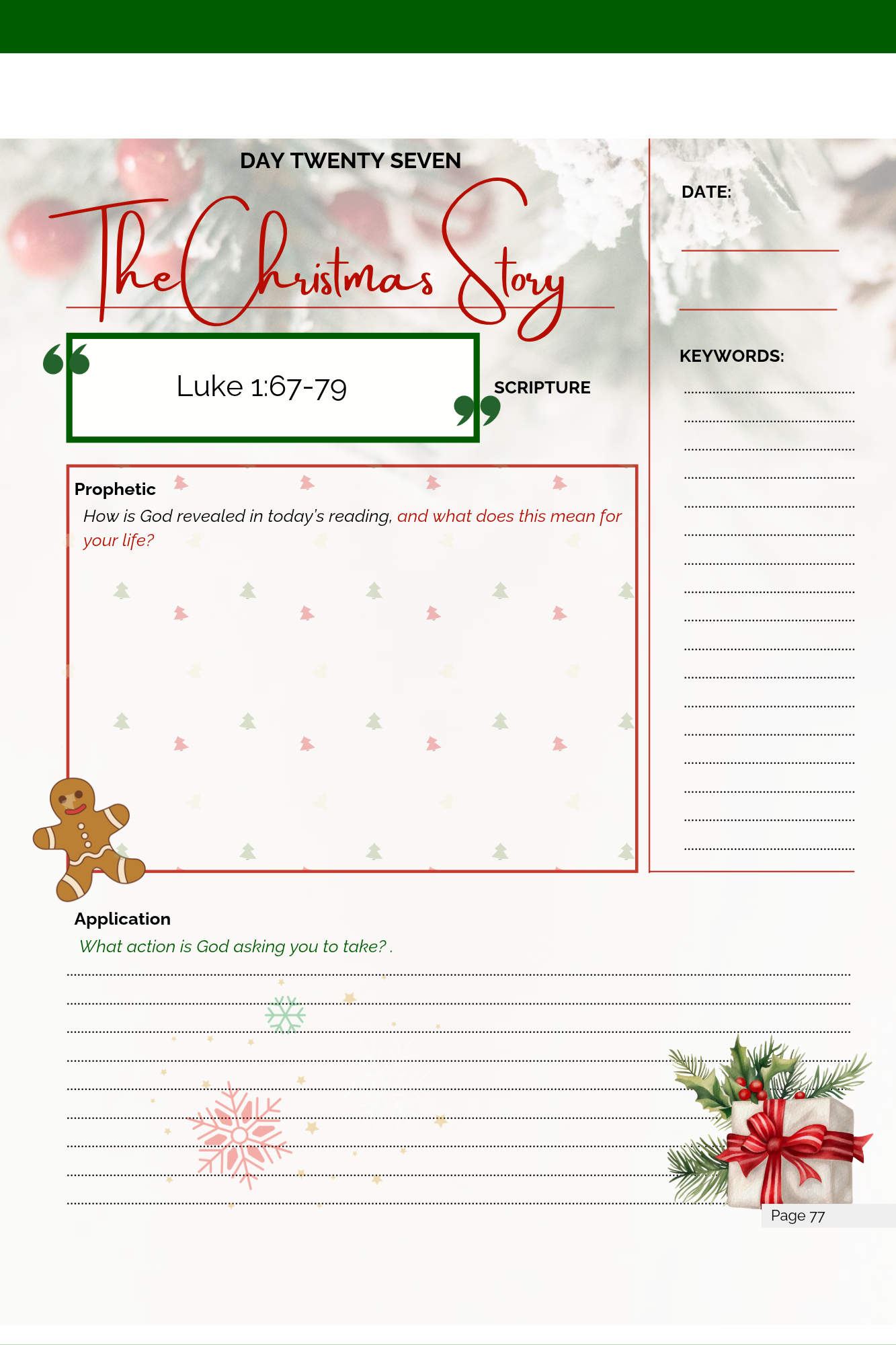 A daily reading interior page from the 30-Day Journey showing The Christmas Story, Luke 1, Keywords, and an Application reflection prompt