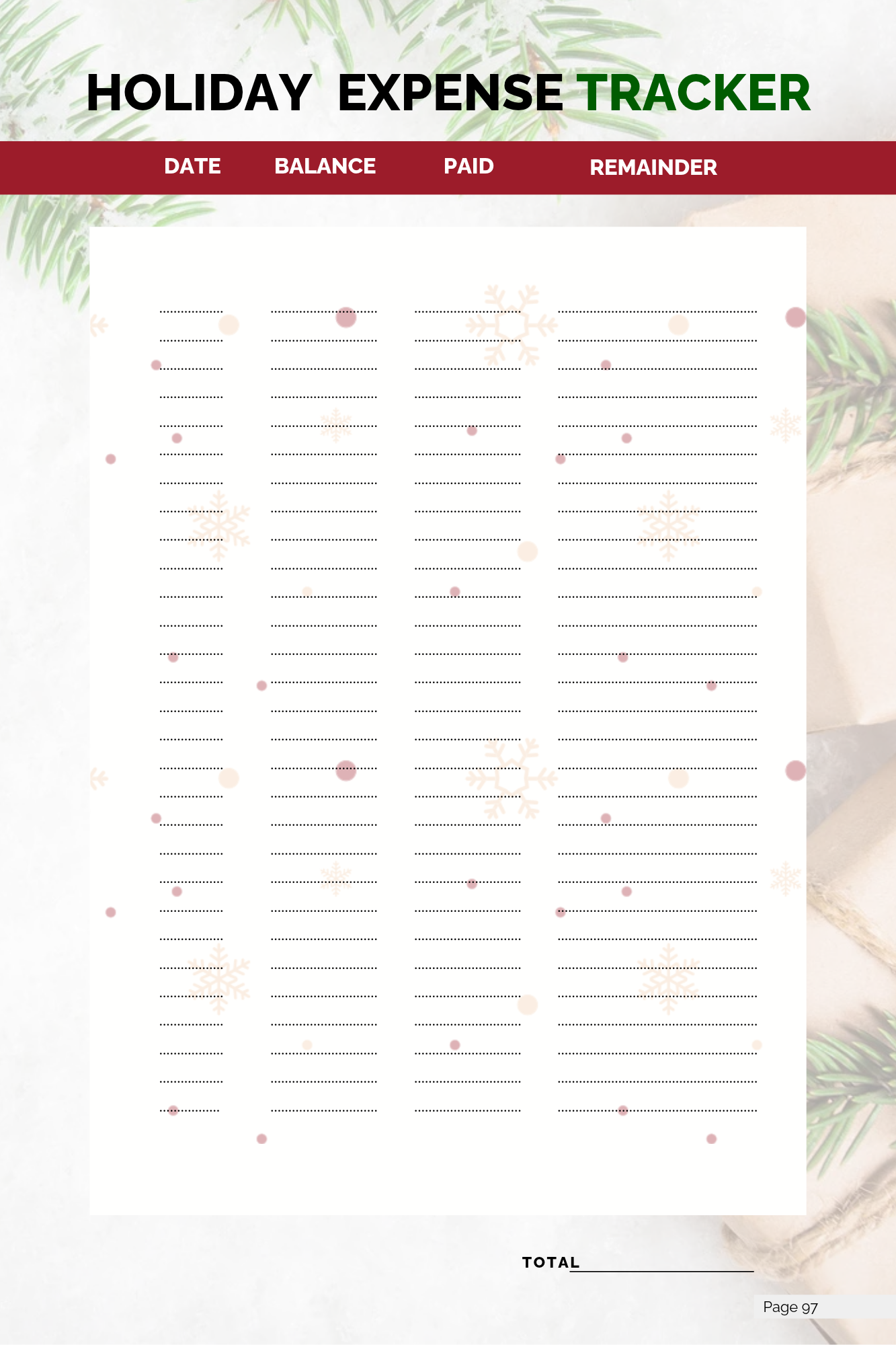 Holiday expense tracker interior page for recording items, budget categories, and spending