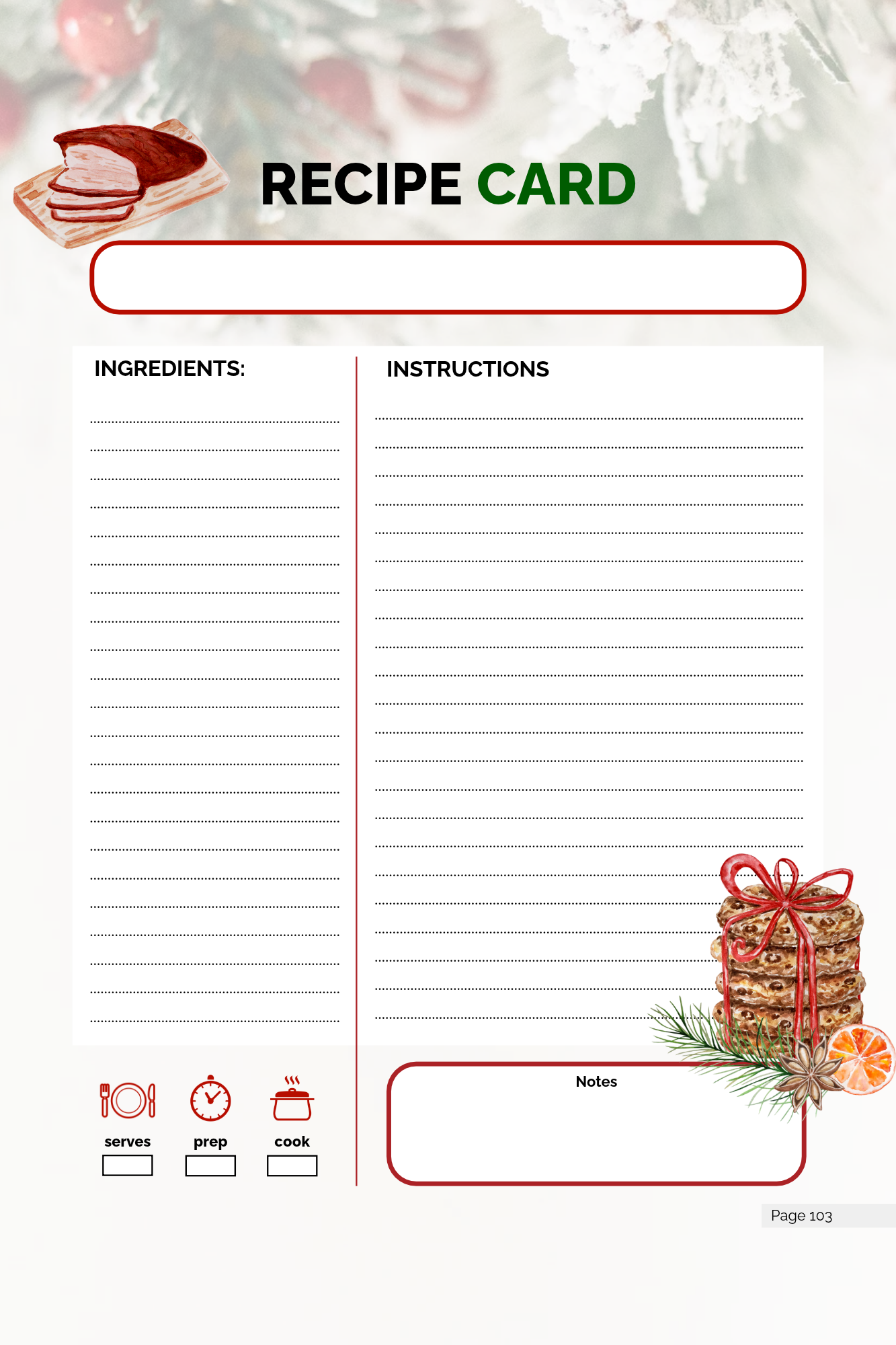 Recipe card interior page with space for ingredients, directions, servings, and family notes