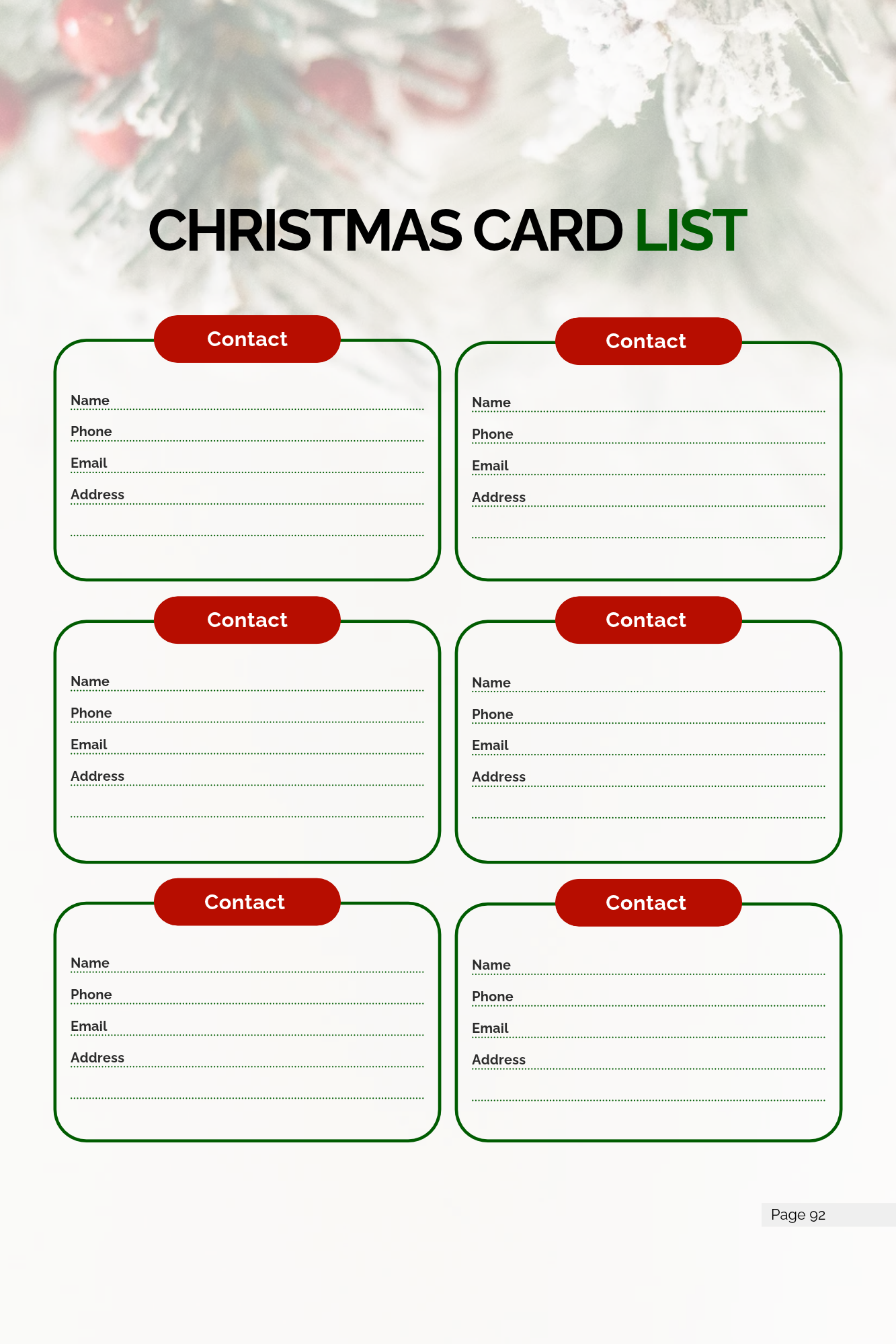 Christmas card and contact list interior page with designated blocks for name, phone, email, and address