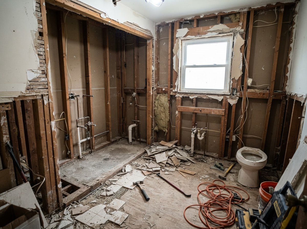 Bathroom before remodel, bare studs