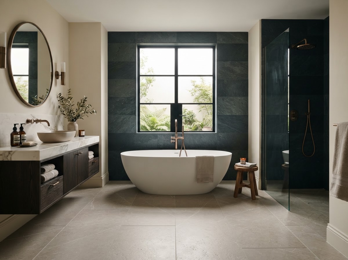 Luxury bathroom with large-format floor tile