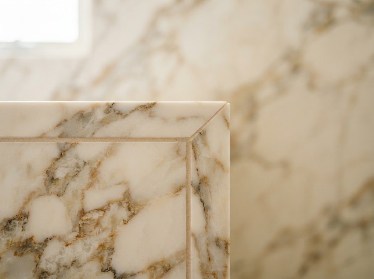 Close-up of a mitered marble edge and precise grout lines