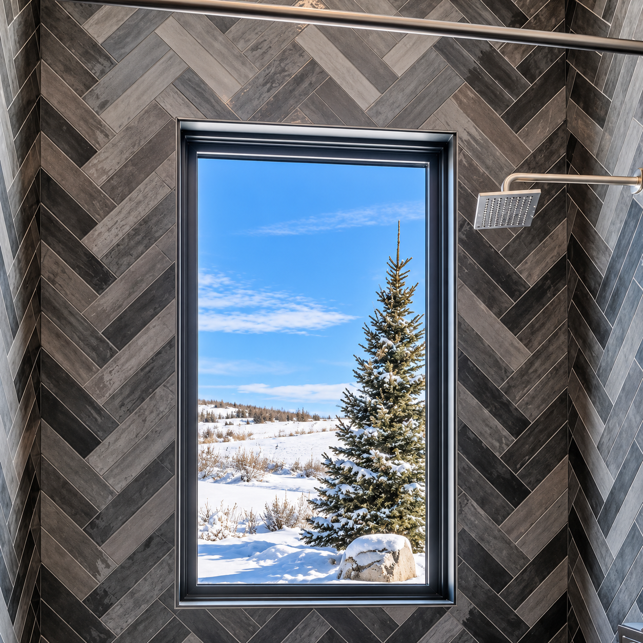 Herringbone Accent Wall & Mountain View Window