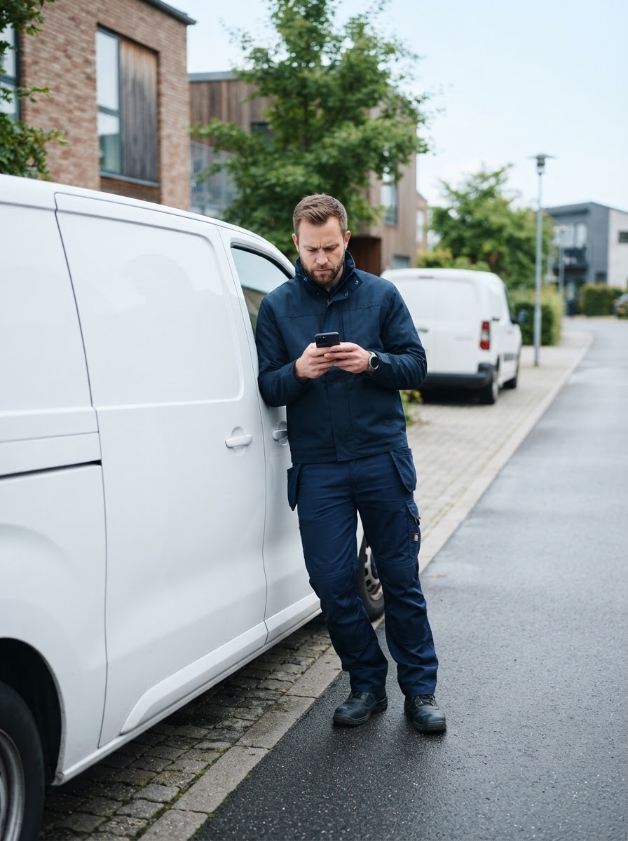Håndværker ved sin varevogn tjekker en ny besked på telefonen