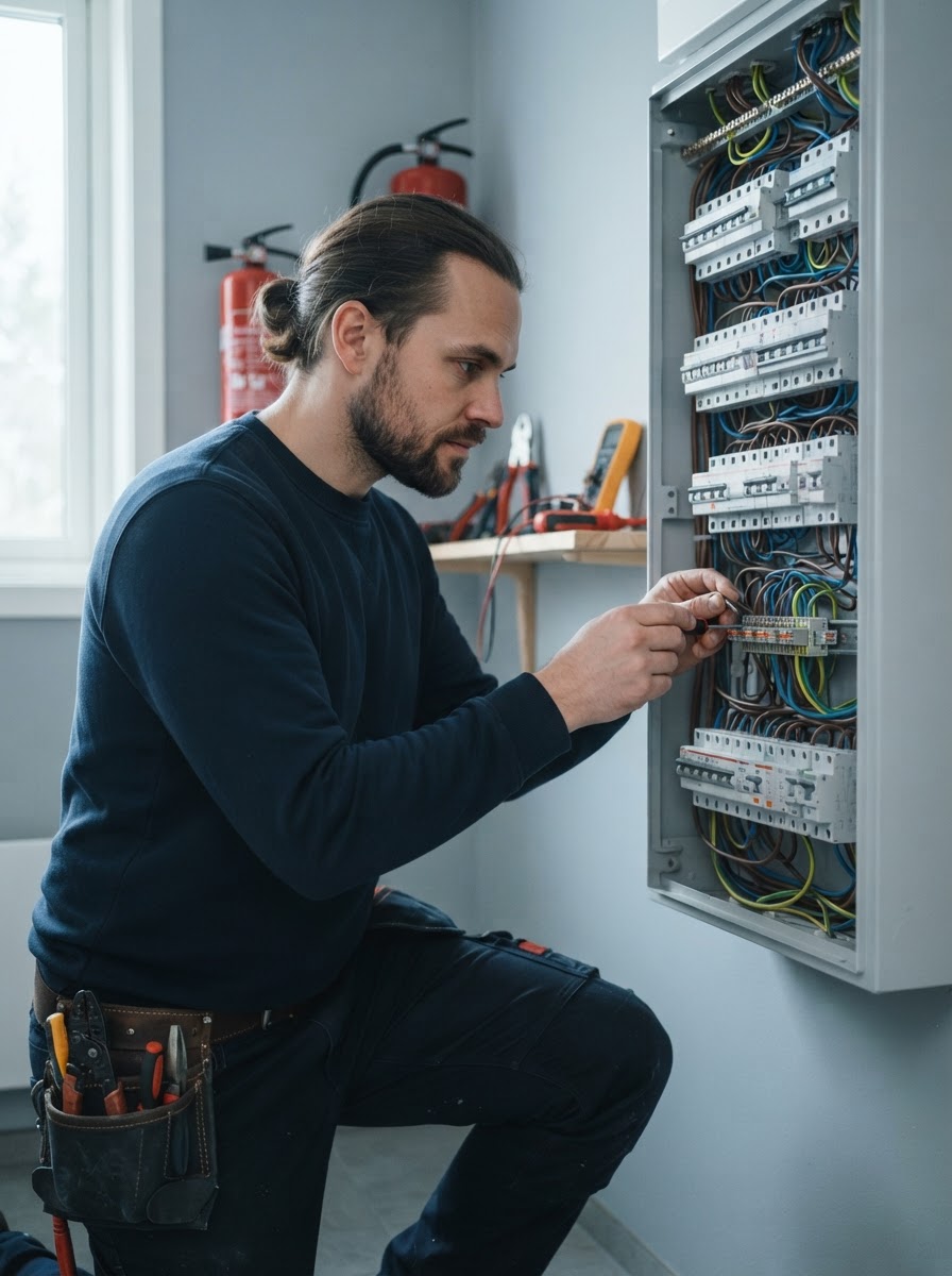 Elektriker arbejder ved en eltavle