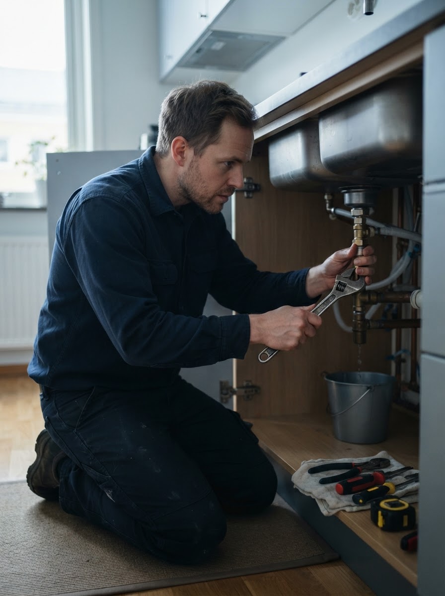 Vvs'er arbejder under en køkkenvask