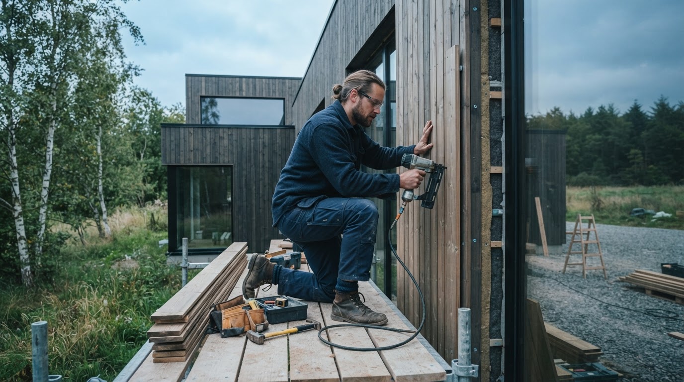 Tømrer arbejder på en moderne dansk bolig