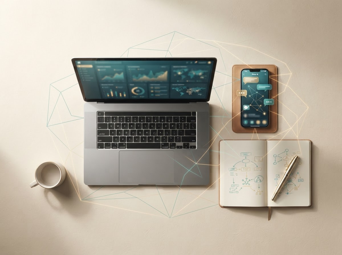 A laptop, smartphone, and notebook connected by a network of glowing lines, representing remote AI business systems delivered online.