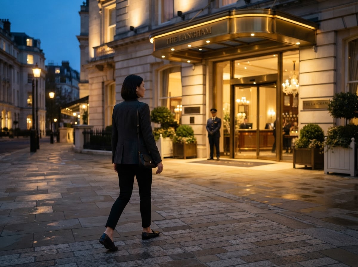 Ejecutiva caminando hacia la puerta de un hotel sin equipaje