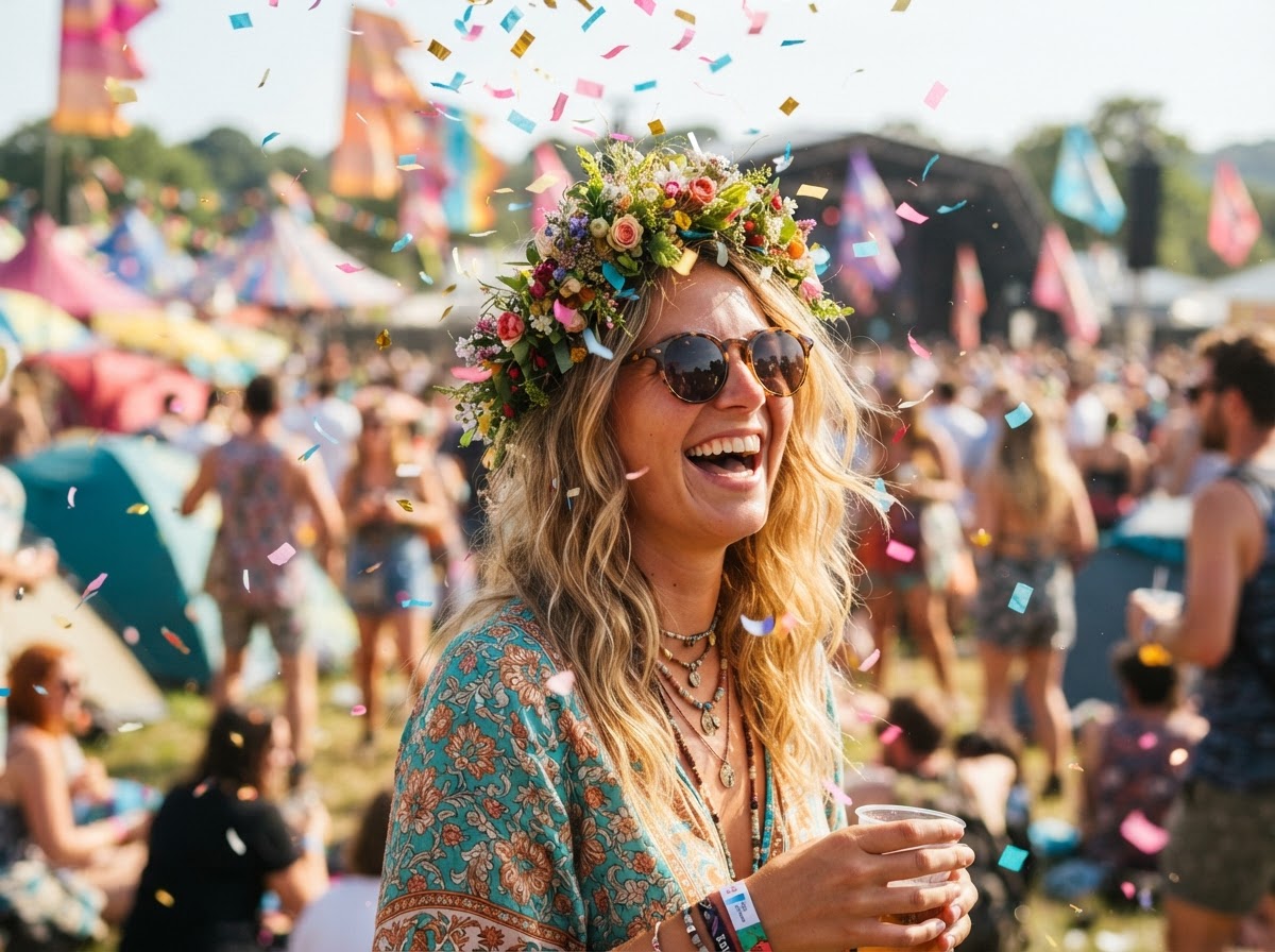 Joven riendo con corona de flores en un festival diurno