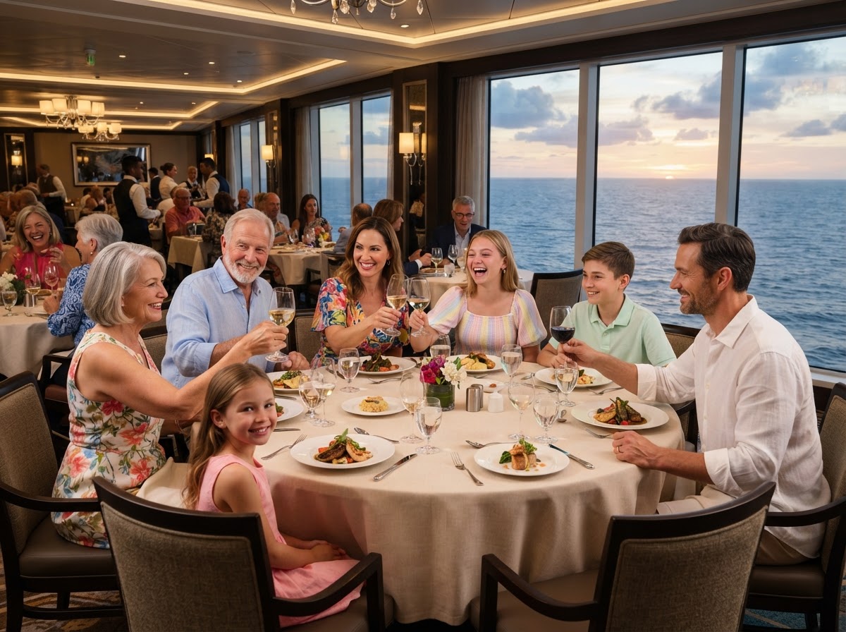 Familia celebrando la cena en el comedor principal del crucero con vista al océano