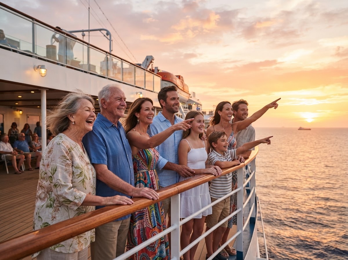 Familia con ropa fresca de resort contemplando juntos el atardecer en el mar