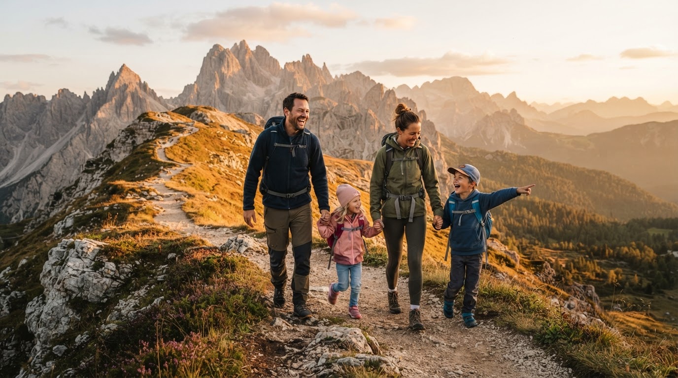 Familia caminando por un sendero de montaña al atardecer