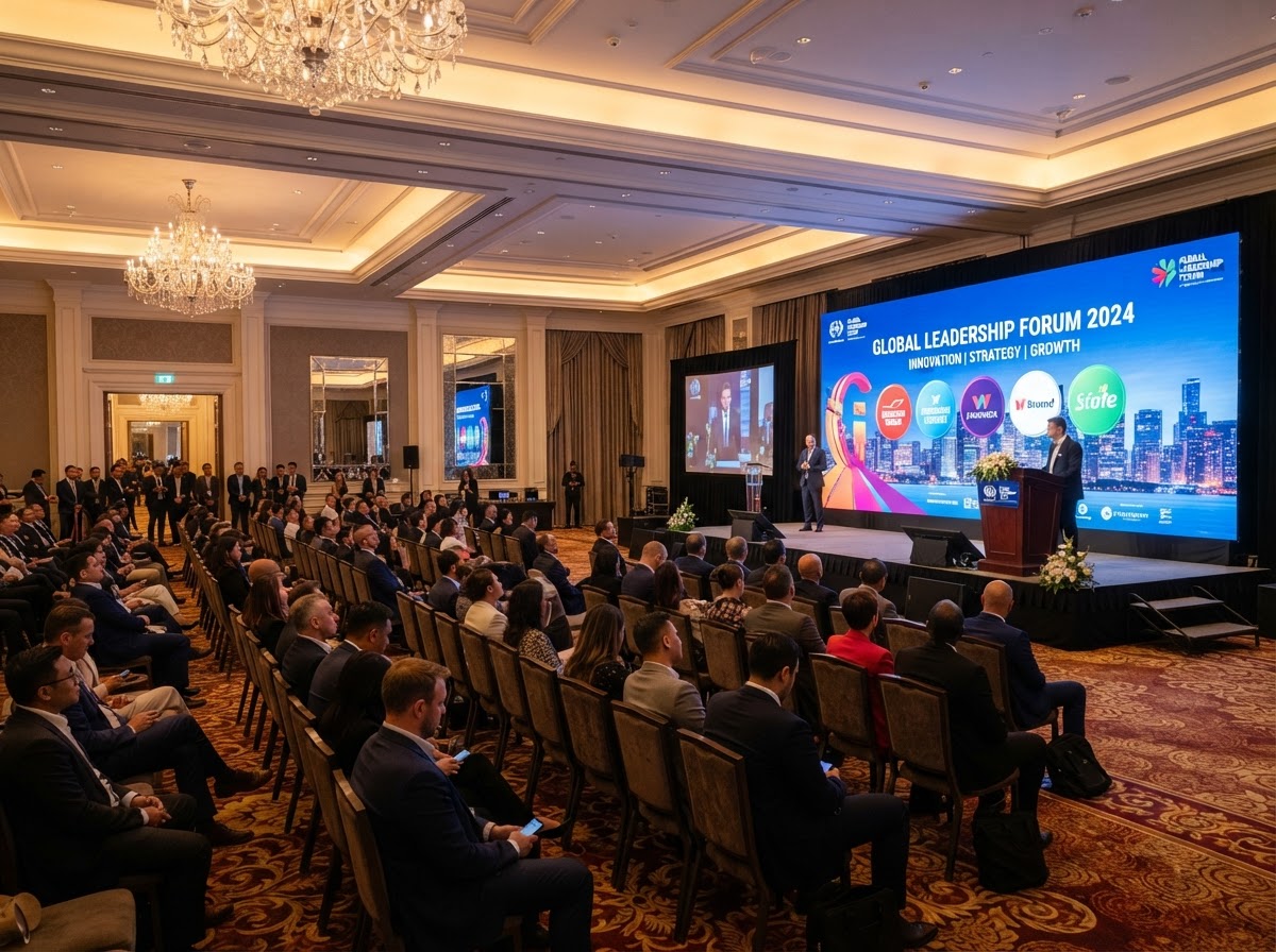 Salón de eventos corporativos con escenario y pantalla