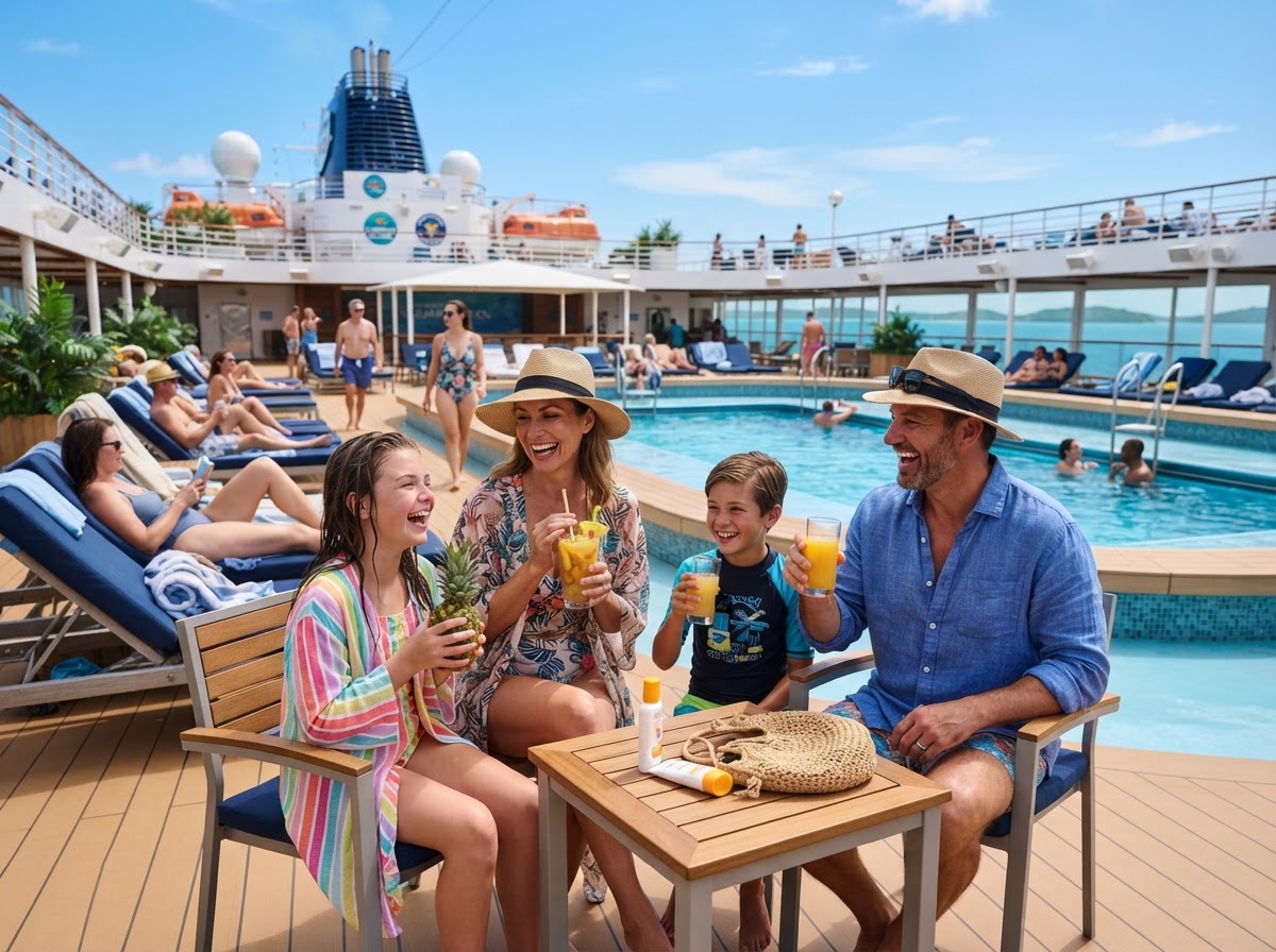Viajeros disfrutando relajadamente de la zona de piscina del crucero