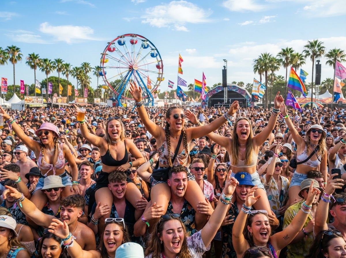 Festivaleros sobre hombros animando en un festival de verano