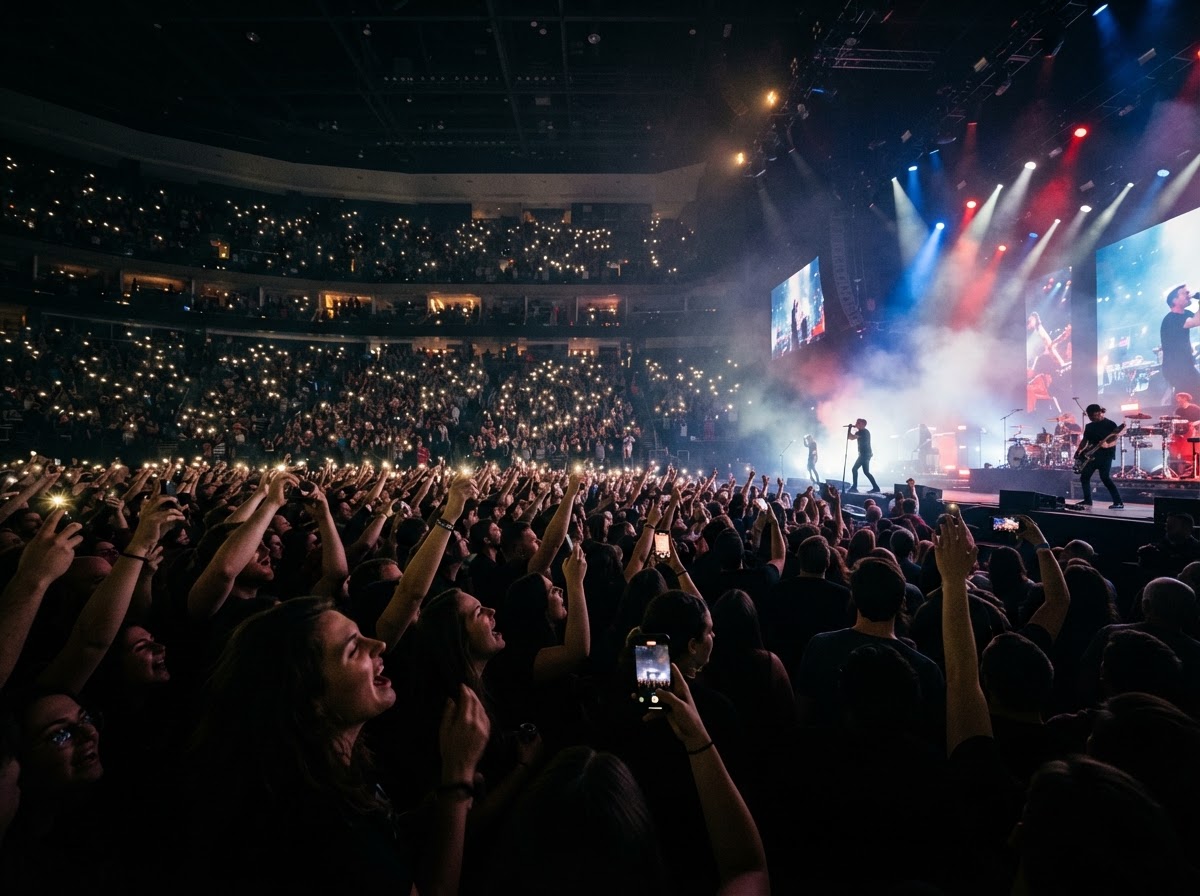 Multitud con luces de móviles encendidas en un concierto indoor