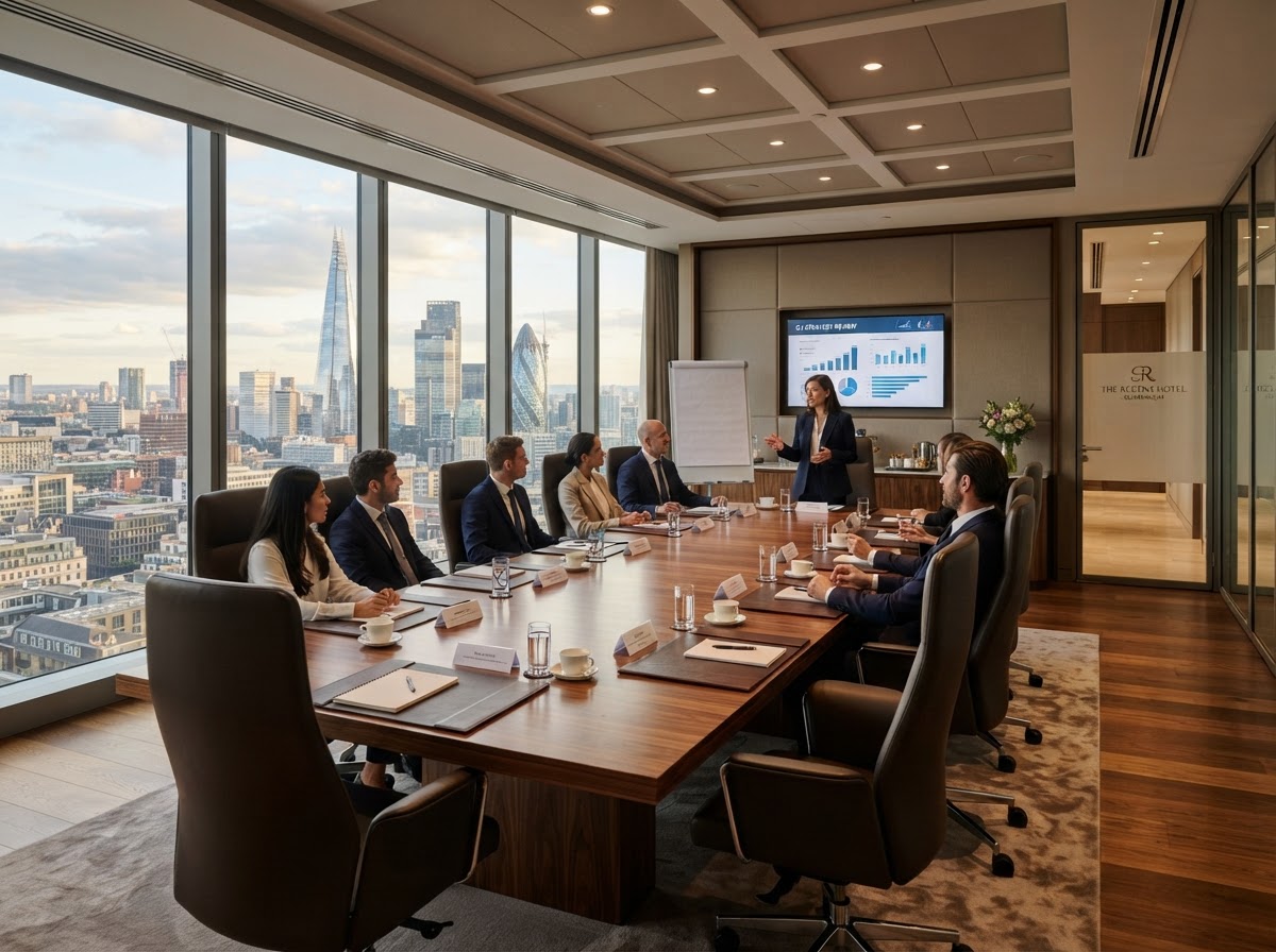 Sala de reuniones ejecutiva con mesa de madera y vista a la ciudad
