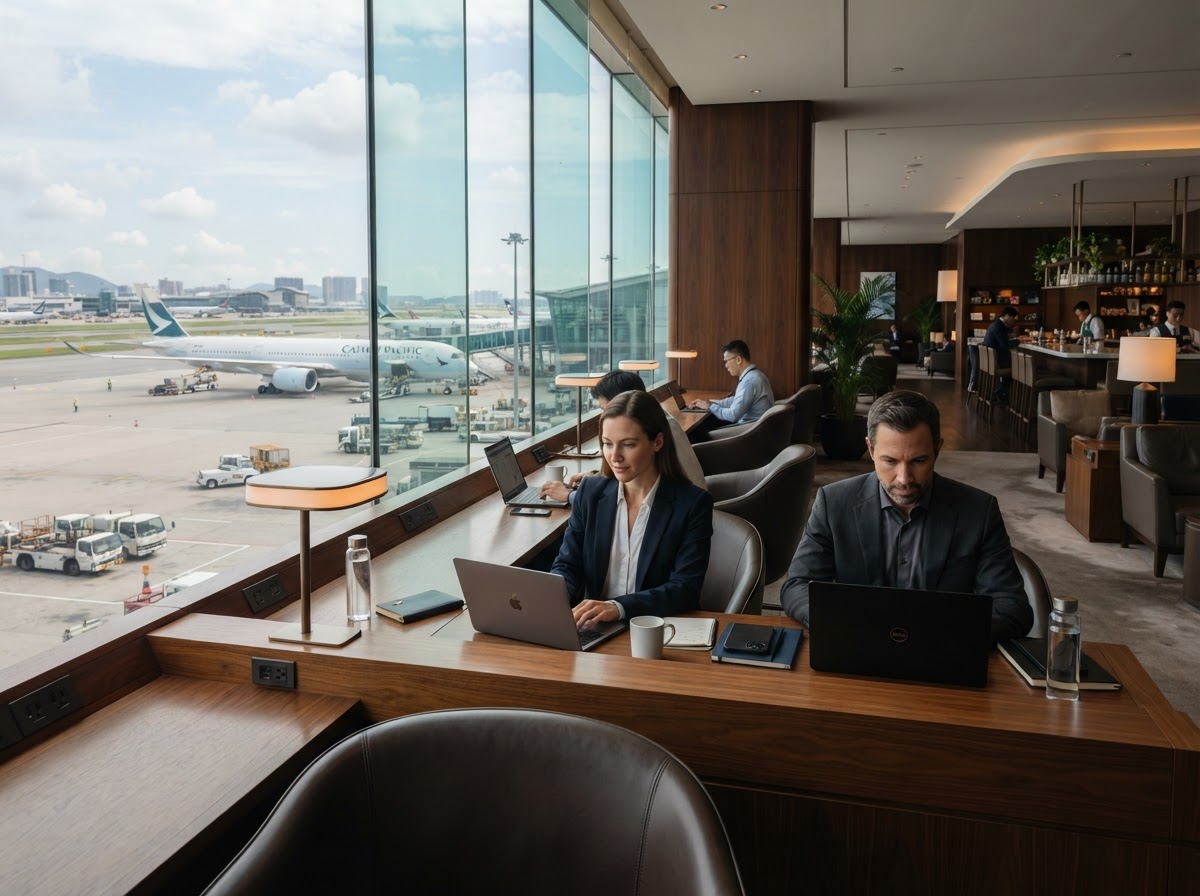 Profesionales trabajando en un lounge ejecutivo del aeropuerto