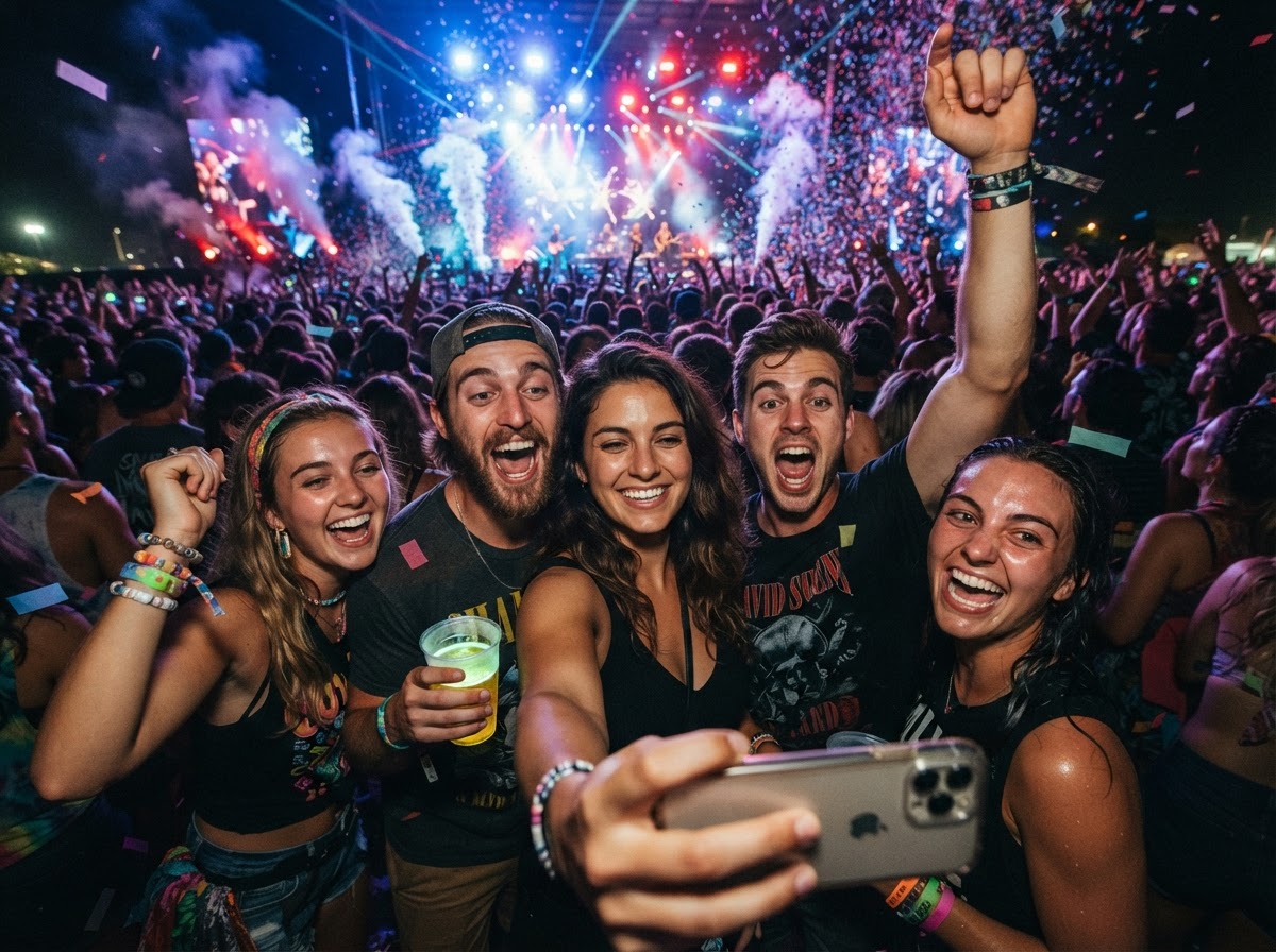 Amigos tomándose una selfie sonriente en un concierto nocturno