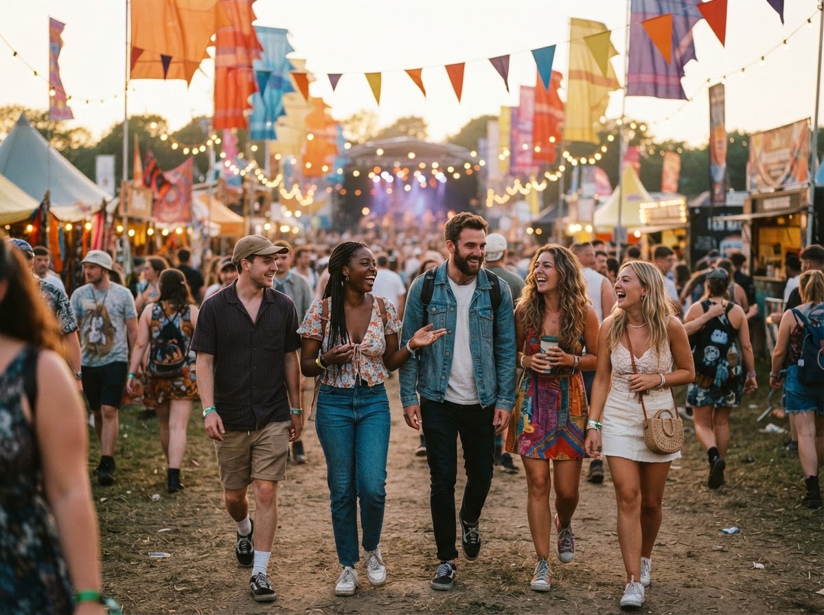 Grupo de amigos recorriendo un festival al aire libre