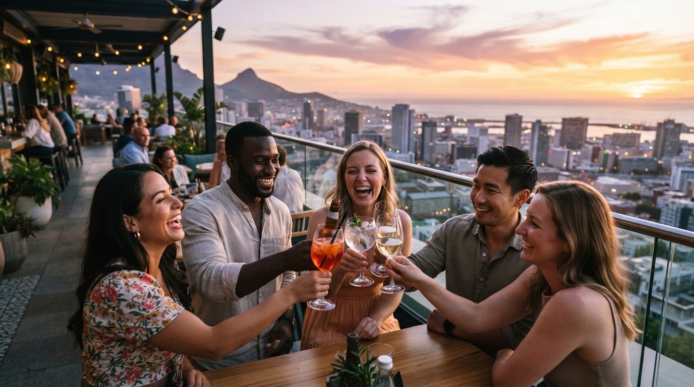 Amigos brindando en una azotea con vista a una ciudad costera