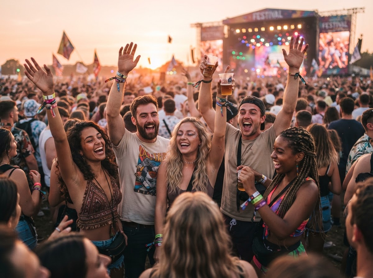 Grupo de amigos riendo y bailando en un festival al atardecer