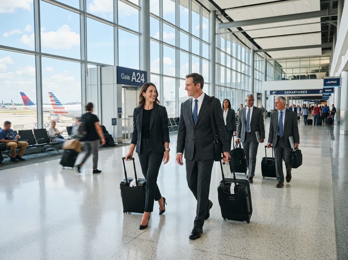 Ejecutivos caminando por un aeropuerto moderno con maletín de mano