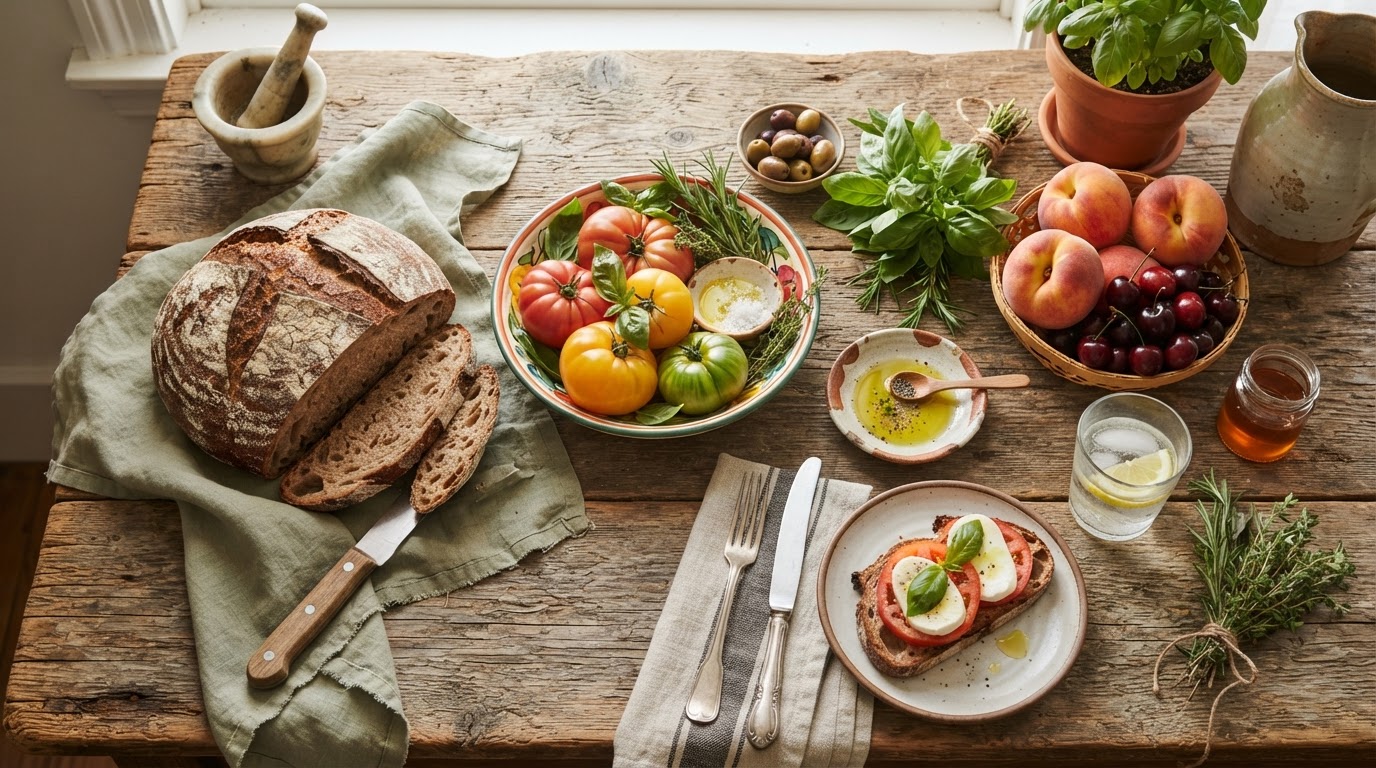 Rustic spread of fresh bread, tomatoes, and herbs