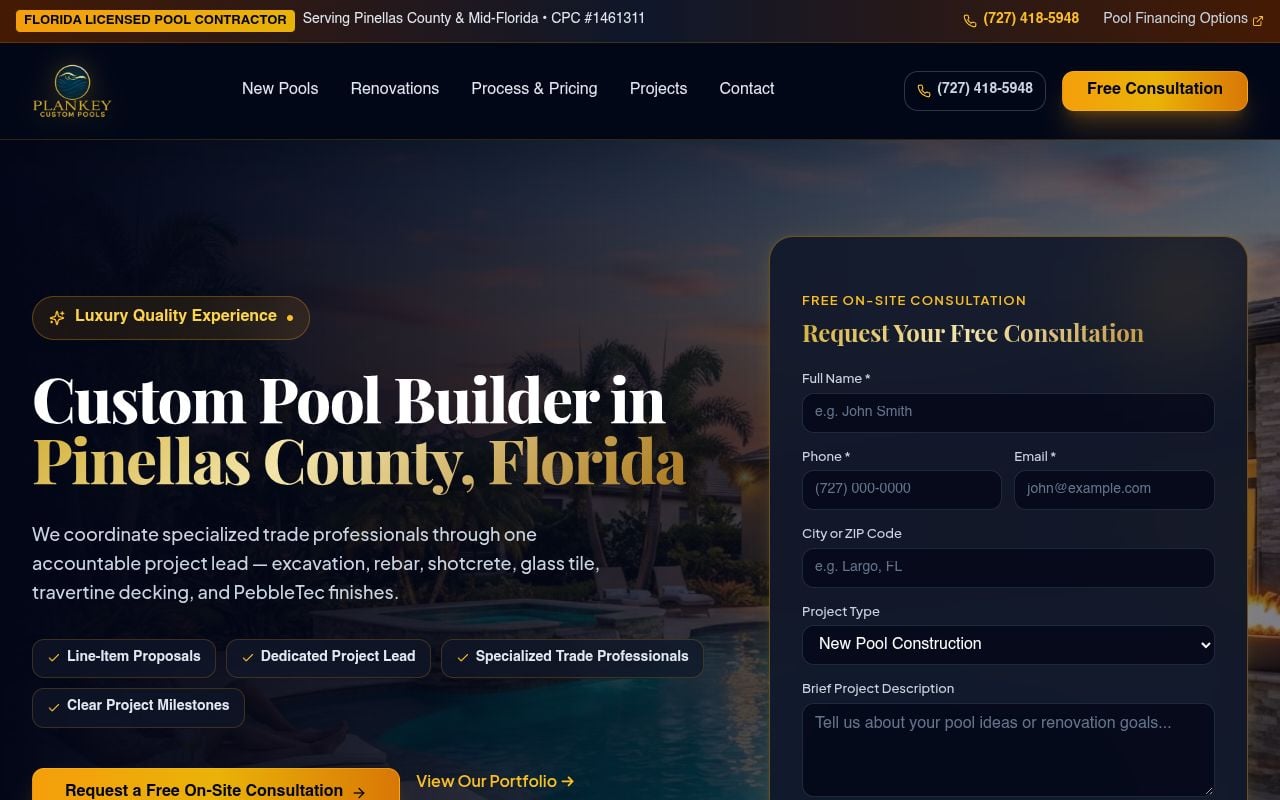 Plankey Custom Pools website built by IMS
