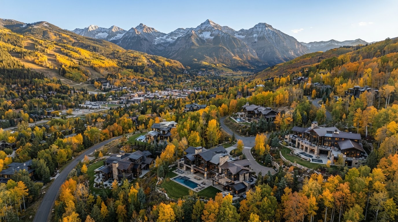 Aerial view of Aspen, Colorado luxury homes in the Rocky Mountains