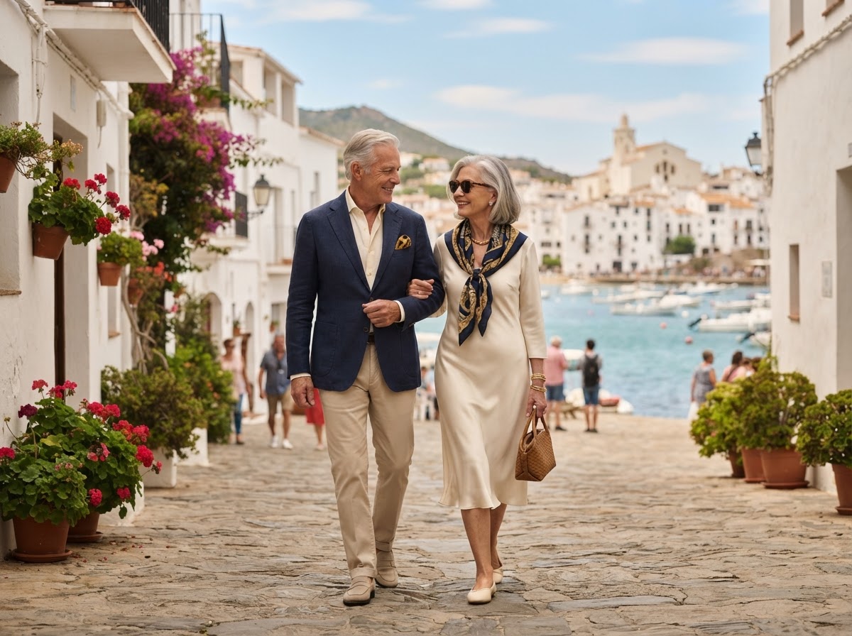 Pareja senior en pueblo costero español — acompañamiento premium