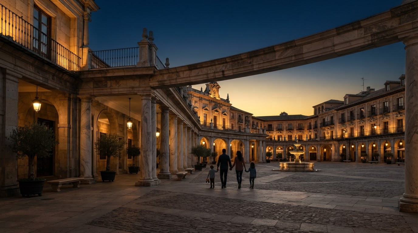 Plaza mediterránea de España al atardecer — movilidad transatlántica premium